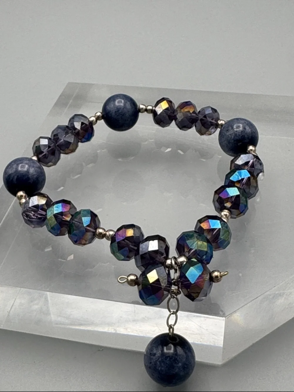 Iridescent Blue glass & stone Beaded Dangle Bracelet